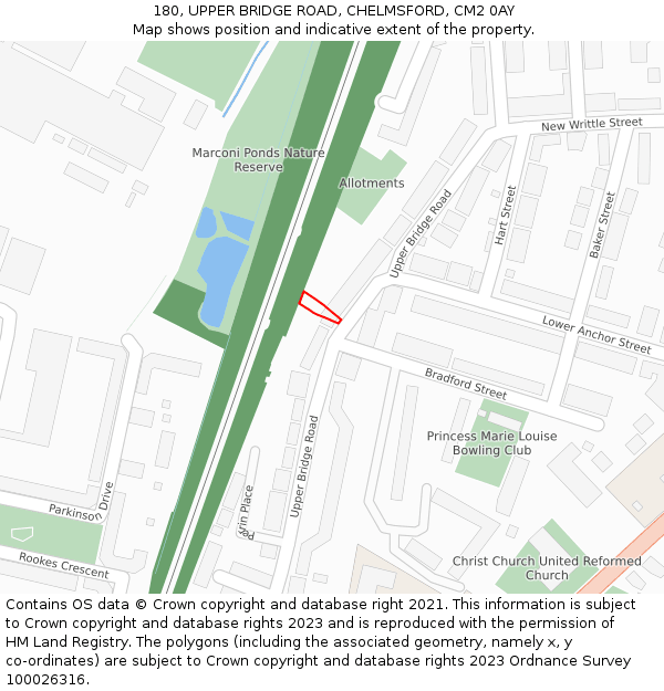 180, UPPER BRIDGE ROAD, CHELMSFORD, CM2 0AY: Location map and indicative extent of plot
