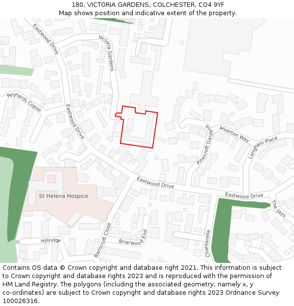 180, VICTORIA GARDENS, COLCHESTER, CO4 9YF: Location map and indicative extent of plot