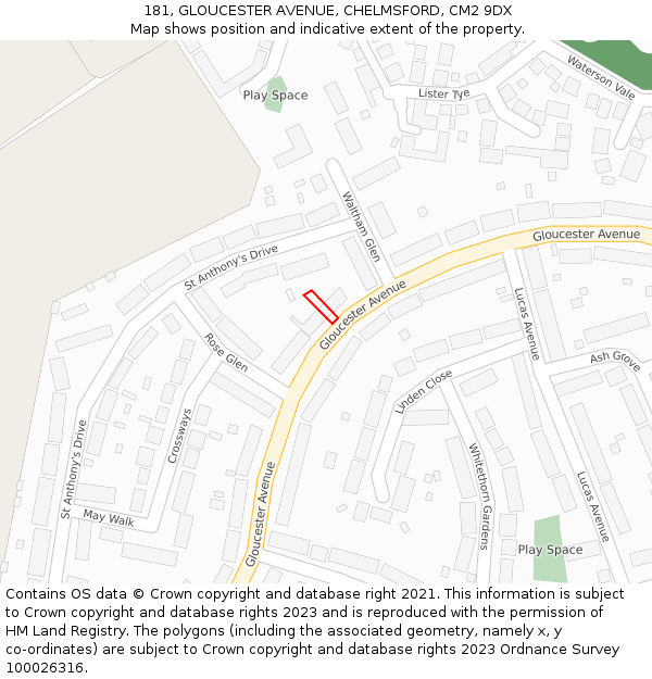 181, GLOUCESTER AVENUE, CHELMSFORD, CM2 9DX: Location map and indicative extent of plot