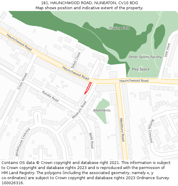 181, HAUNCHWOOD ROAD, NUNEATON, CV10 8DG: Location map and indicative extent of plot