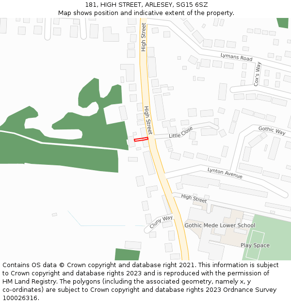 181, HIGH STREET, ARLESEY, SG15 6SZ: Location map and indicative extent of plot
