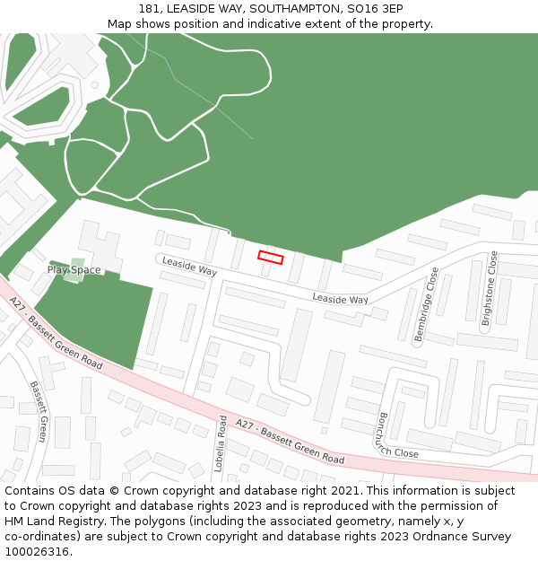 181, LEASIDE WAY, SOUTHAMPTON, SO16 3EP: Location map and indicative extent of plot