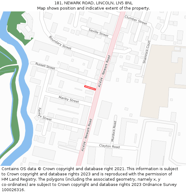 181, NEWARK ROAD, LINCOLN, LN5 8NL: Location map and indicative extent of plot