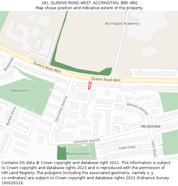 181, QUEENS ROAD WEST, ACCRINGTON, BB5 4BQ: Location map and indicative extent of plot