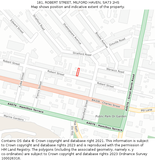 181, ROBERT STREET, MILFORD HAVEN, SA73 2HS: Location map and indicative extent of plot