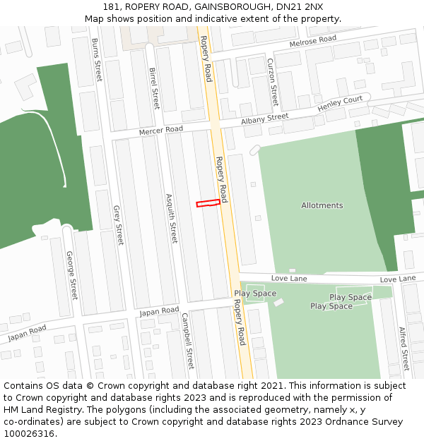181, ROPERY ROAD, GAINSBOROUGH, DN21 2NX: Location map and indicative extent of plot