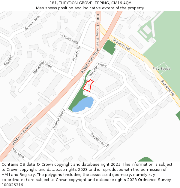 181, THEYDON GROVE, EPPING, CM16 4QA: Location map and indicative extent of plot
