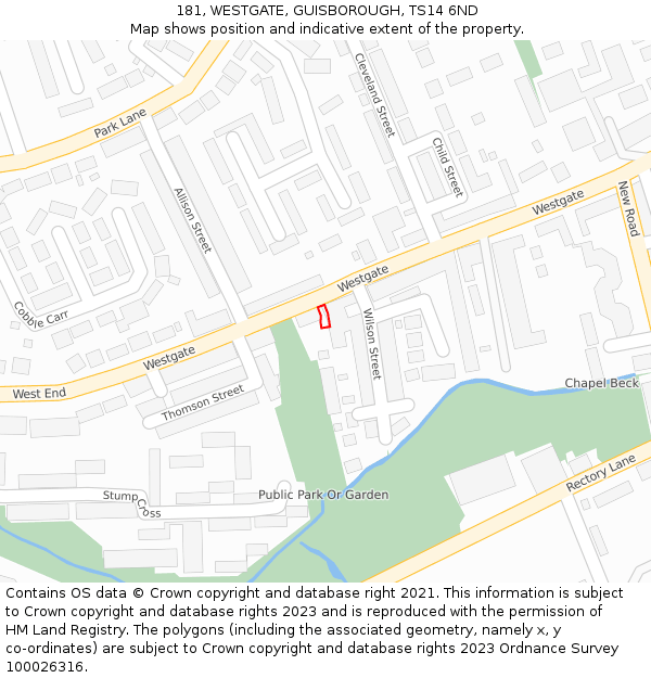 181, WESTGATE, GUISBOROUGH, TS14 6ND: Location map and indicative extent of plot