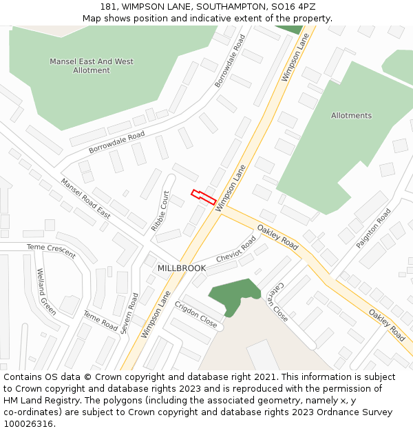181, WIMPSON LANE, SOUTHAMPTON, SO16 4PZ: Location map and indicative extent of plot
