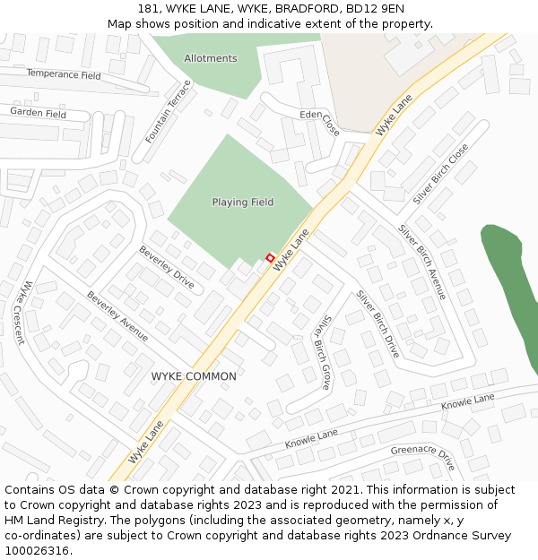 181, WYKE LANE, WYKE, BRADFORD, BD12 9EN: Location map and indicative extent of plot