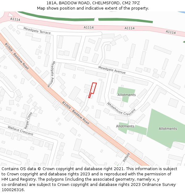 181A, BADDOW ROAD, CHELMSFORD, CM2 7PZ: Location map and indicative extent of plot