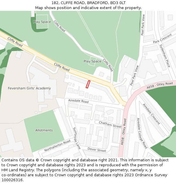 182, CLIFFE ROAD, BRADFORD, BD3 0LT: Location map and indicative extent of plot