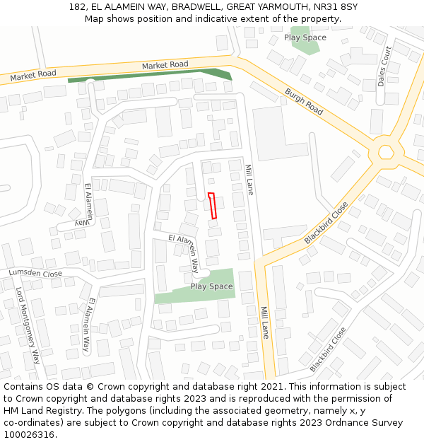 182, EL ALAMEIN WAY, BRADWELL, GREAT YARMOUTH, NR31 8SY: Location map and indicative extent of plot