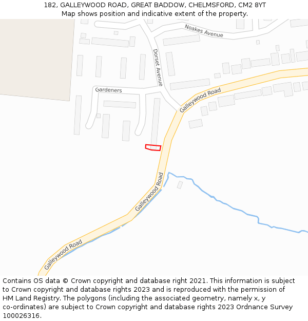 182, GALLEYWOOD ROAD, GREAT BADDOW, CHELMSFORD, CM2 8YT: Location map and indicative extent of plot