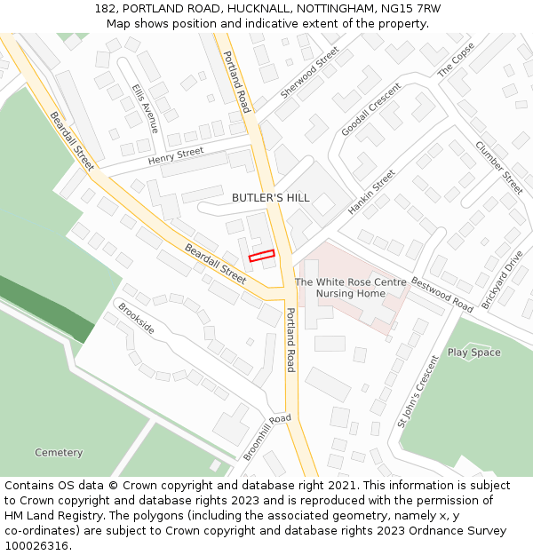 182, PORTLAND ROAD, HUCKNALL, NOTTINGHAM, NG15 7RW: Location map and indicative extent of plot