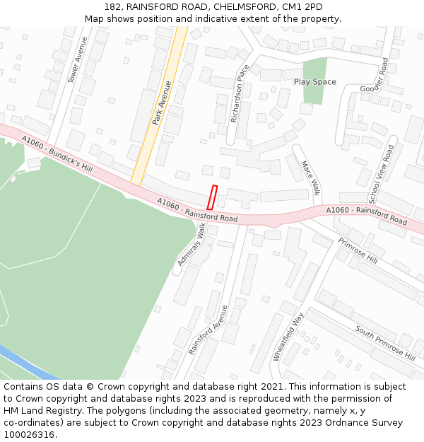 182, RAINSFORD ROAD, CHELMSFORD, CM1 2PD: Location map and indicative extent of plot
