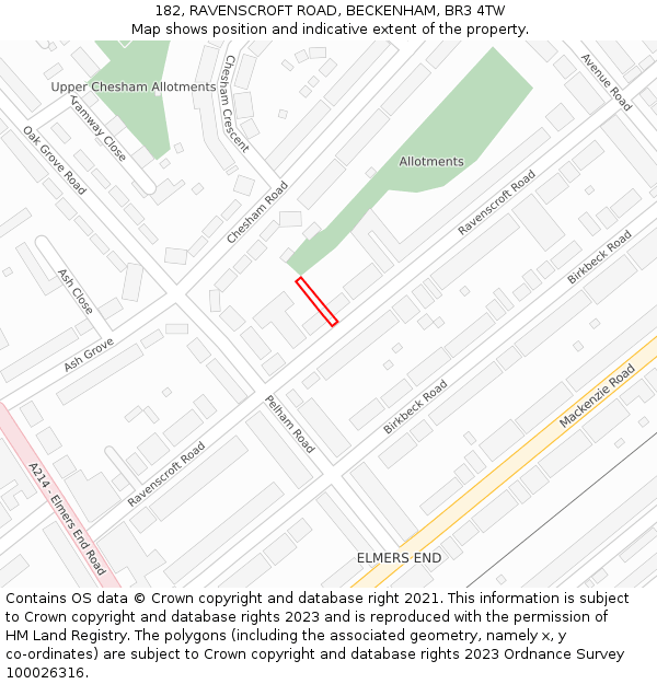 182, RAVENSCROFT ROAD, BECKENHAM, BR3 4TW: Location map and indicative extent of plot