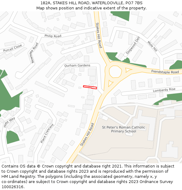 182A, STAKES HILL ROAD, WATERLOOVILLE, PO7 7BS: Location map and indicative extent of plot
