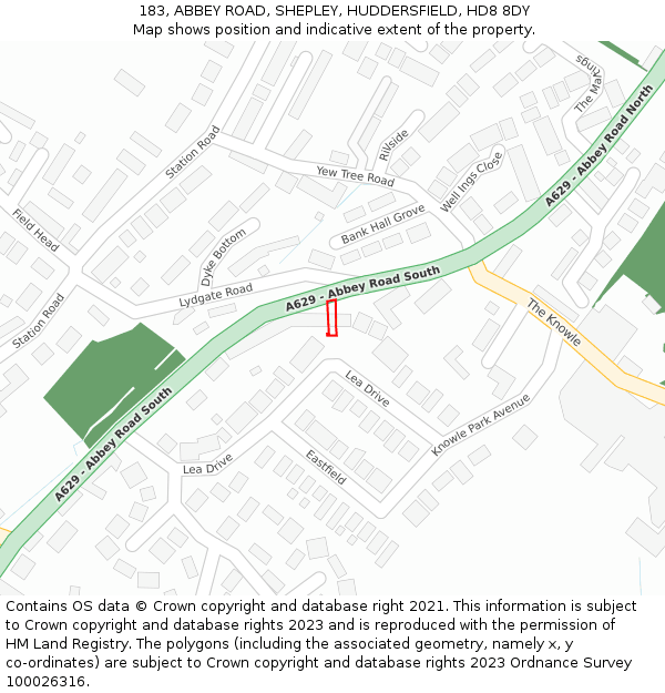 183, ABBEY ROAD, SHEPLEY, HUDDERSFIELD, HD8 8DY: Location map and indicative extent of plot