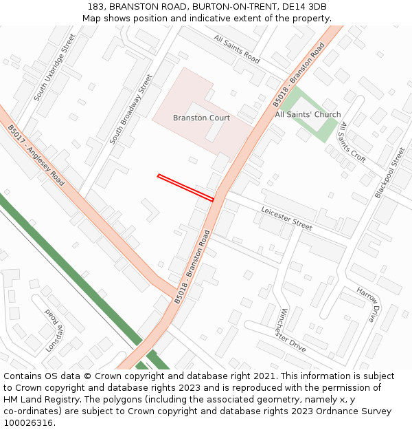 183, BRANSTON ROAD, BURTON-ON-TRENT, DE14 3DB: Location map and indicative extent of plot
