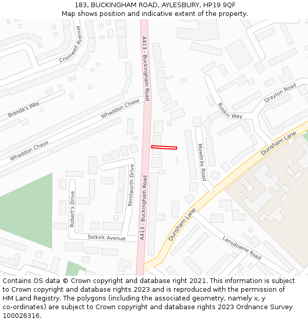 183, BUCKINGHAM ROAD, AYLESBURY, HP19 9QF: Location map and indicative extent of plot