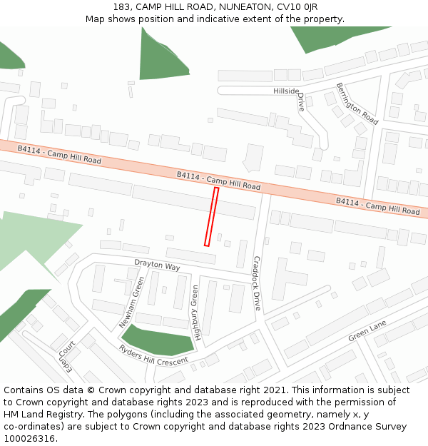 183, CAMP HILL ROAD, NUNEATON, CV10 0JR: Location map and indicative extent of plot