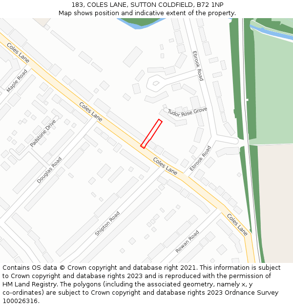 183, COLES LANE, SUTTON COLDFIELD, B72 1NP: Location map and indicative extent of plot