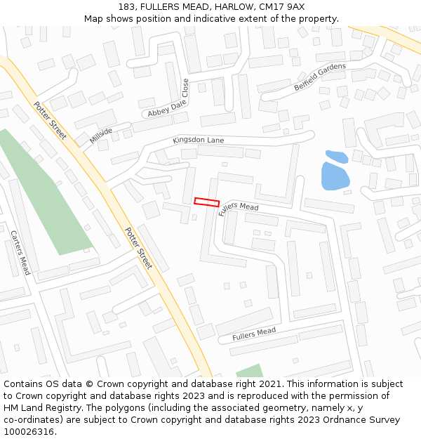 183, FULLERS MEAD, HARLOW, CM17 9AX: Location map and indicative extent of plot