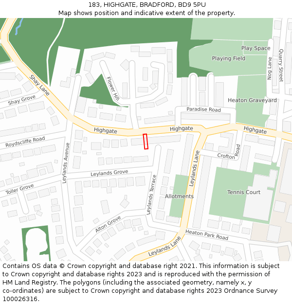 183, HIGHGATE, BRADFORD, BD9 5PU: Location map and indicative extent of plot