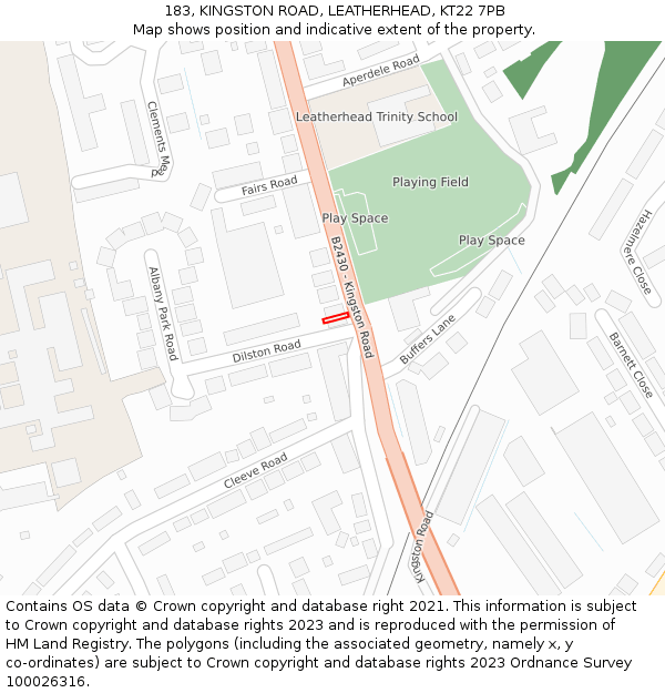 183, KINGSTON ROAD, LEATHERHEAD, KT22 7PB: Location map and indicative extent of plot