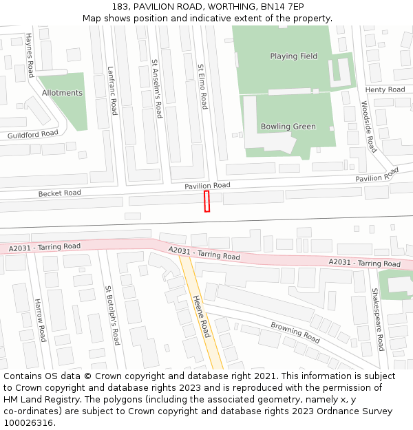 183, PAVILION ROAD, WORTHING, BN14 7EP: Location map and indicative extent of plot