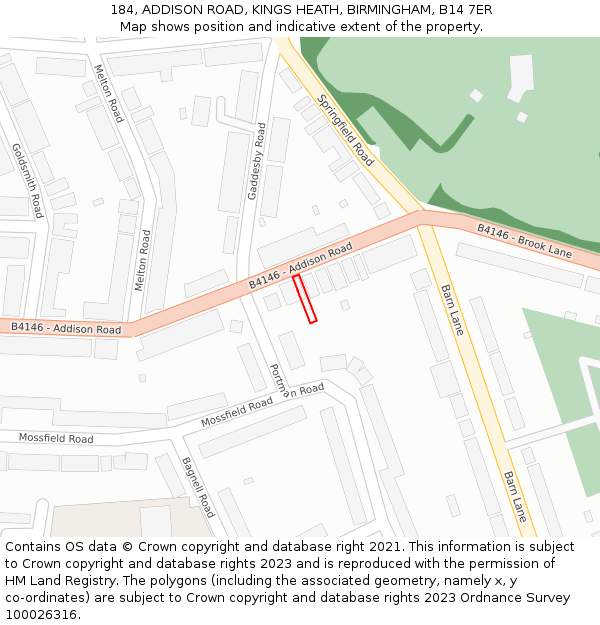 184, ADDISON ROAD, KINGS HEATH, BIRMINGHAM, B14 7ER: Location map and indicative extent of plot