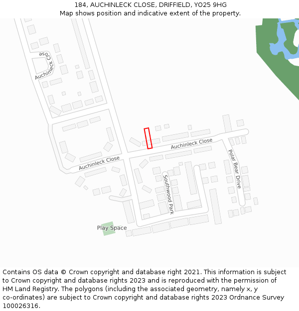 184, AUCHINLECK CLOSE, DRIFFIELD, YO25 9HG: Location map and indicative extent of plot
