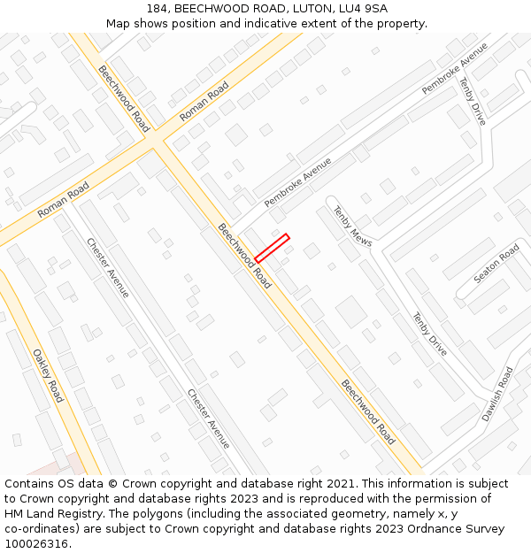 184, BEECHWOOD ROAD, LUTON, LU4 9SA: Location map and indicative extent of plot