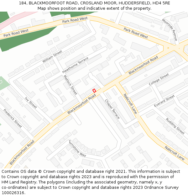 184, BLACKMOORFOOT ROAD, CROSLAND MOOR, HUDDERSFIELD, HD4 5RE: Location map and indicative extent of plot