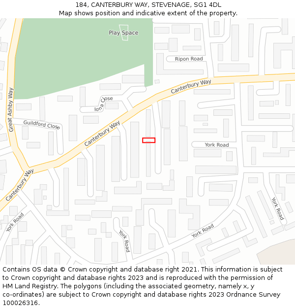 184, CANTERBURY WAY, STEVENAGE, SG1 4DL: Location map and indicative extent of plot