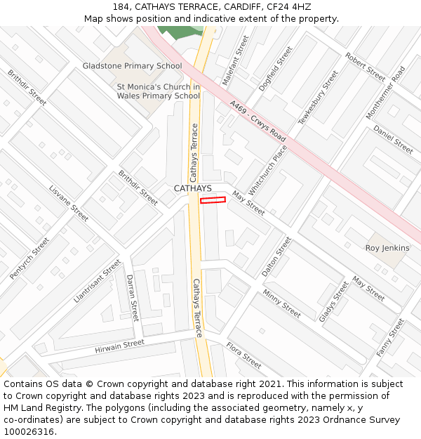 184, CATHAYS TERRACE, CARDIFF, CF24 4HZ: Location map and indicative extent of plot