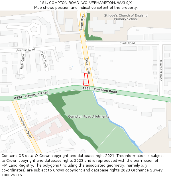 184, COMPTON ROAD, WOLVERHAMPTON, WV3 9JX: Location map and indicative extent of plot