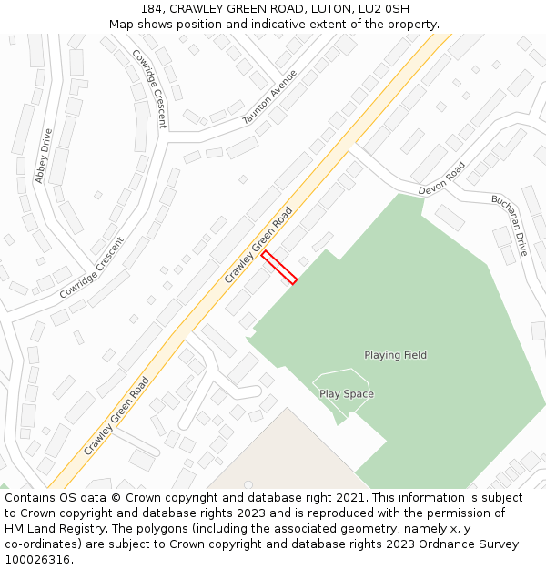 184, CRAWLEY GREEN ROAD, LUTON, LU2 0SH: Location map and indicative extent of plot