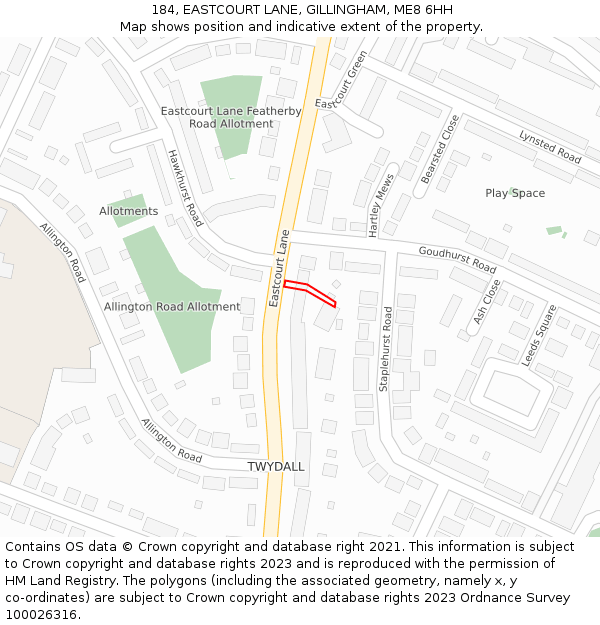 184, EASTCOURT LANE, GILLINGHAM, ME8 6HH: Location map and indicative extent of plot