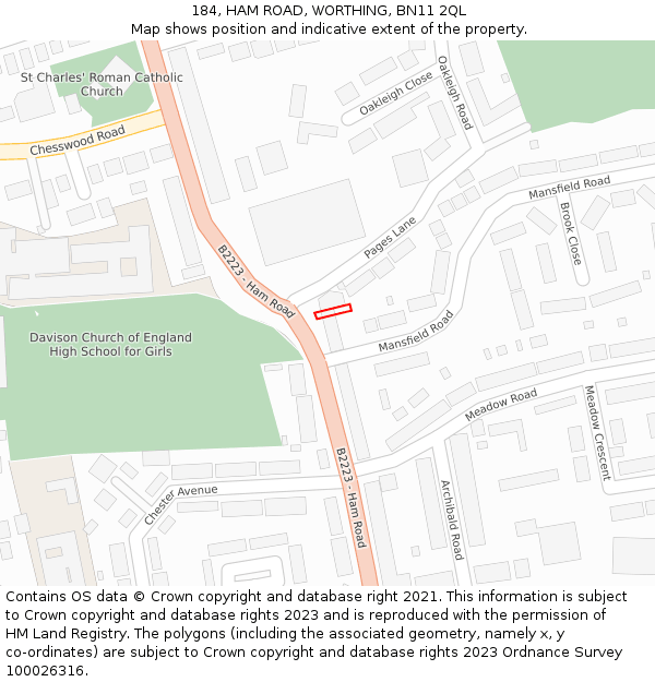 184, HAM ROAD, WORTHING, BN11 2QL: Location map and indicative extent of plot
