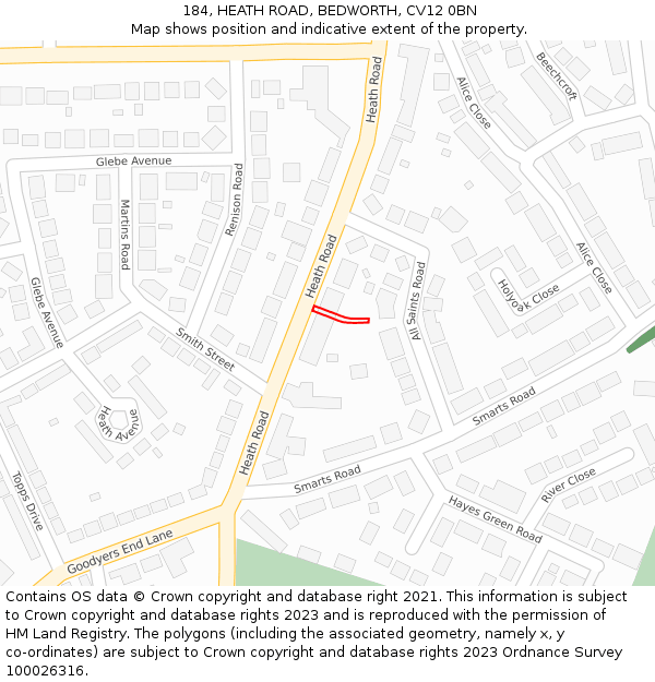 184, HEATH ROAD, BEDWORTH, CV12 0BN: Location map and indicative extent of plot
