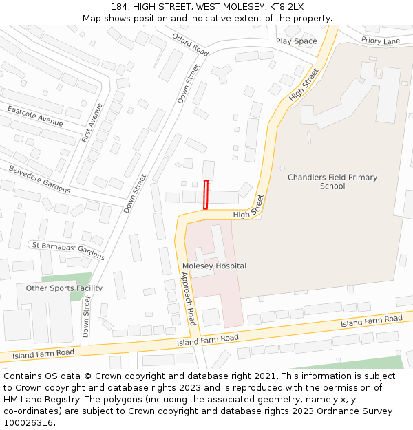 184, HIGH STREET, WEST MOLESEY, KT8 2LX: Location map and indicative extent of plot