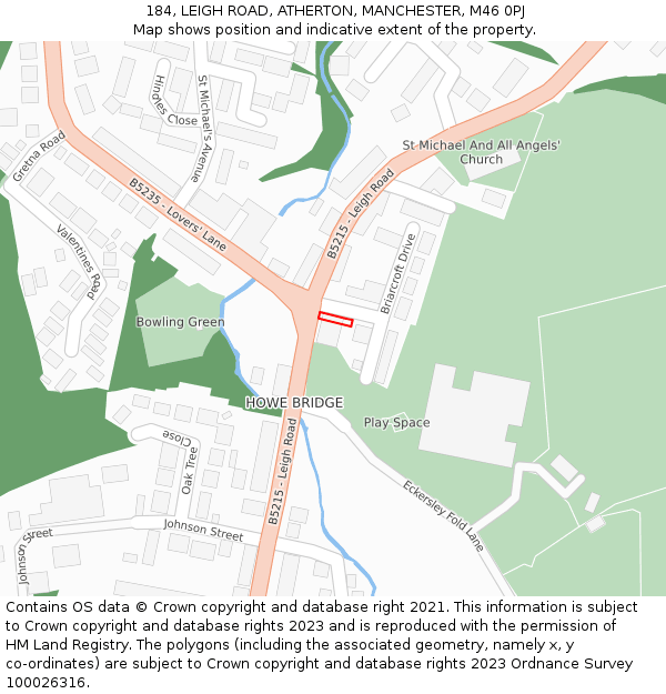 184, LEIGH ROAD, ATHERTON, MANCHESTER, M46 0PJ: Location map and indicative extent of plot