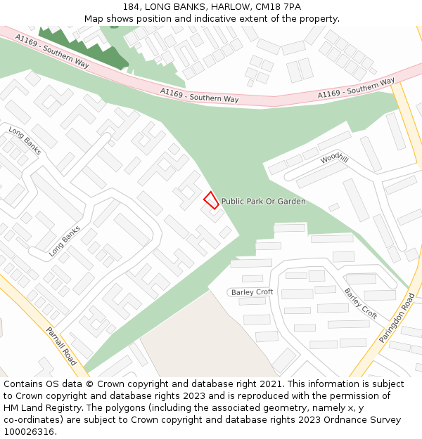 184, LONG BANKS, HARLOW, CM18 7PA: Location map and indicative extent of plot