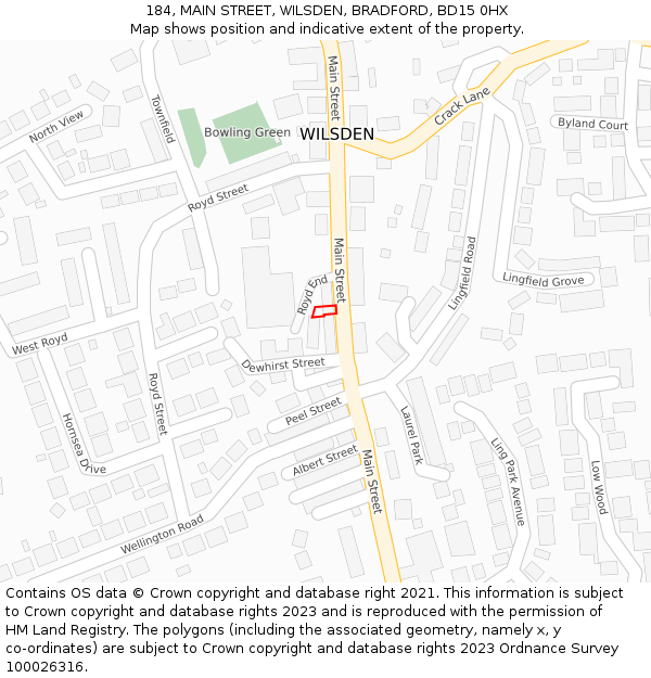 184, MAIN STREET, WILSDEN, BRADFORD, BD15 0HX: Location map and indicative extent of plot