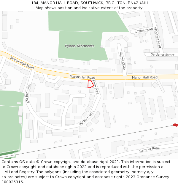 184, MANOR HALL ROAD, SOUTHWICK, BRIGHTON, BN42 4NH: Location map and indicative extent of plot