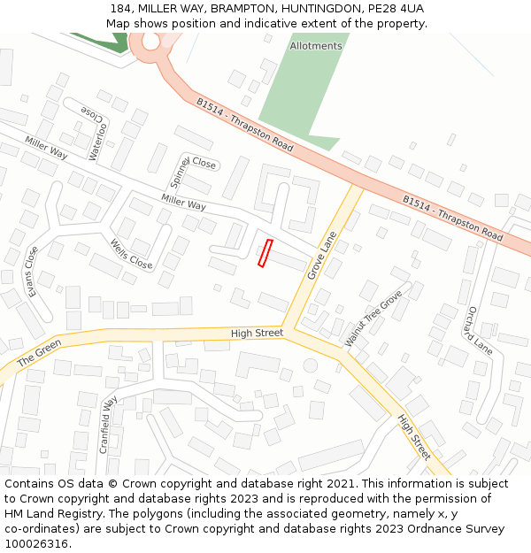 184, MILLER WAY, BRAMPTON, HUNTINGDON, PE28 4UA: Location map and indicative extent of plot