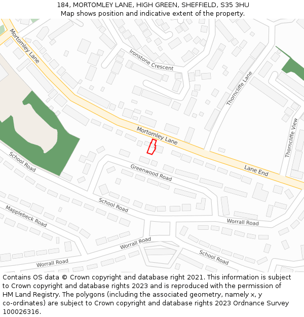 184, MORTOMLEY LANE, HIGH GREEN, SHEFFIELD, S35 3HU: Location map and indicative extent of plot