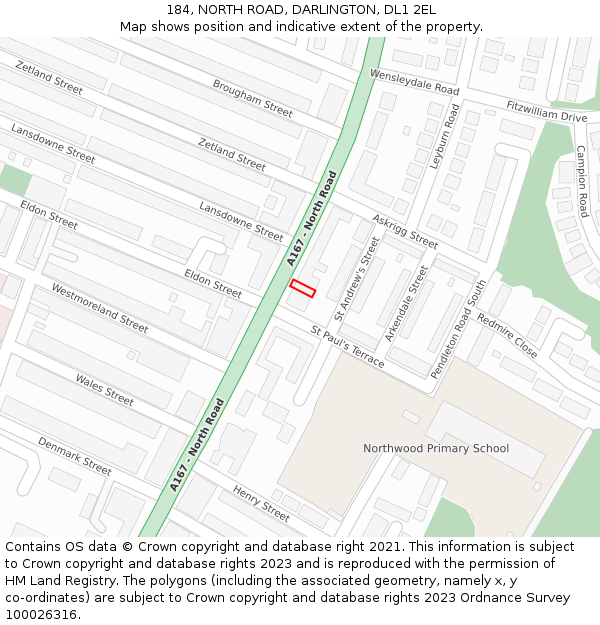 184, NORTH ROAD, DARLINGTON, DL1 2EL: Location map and indicative extent of plot